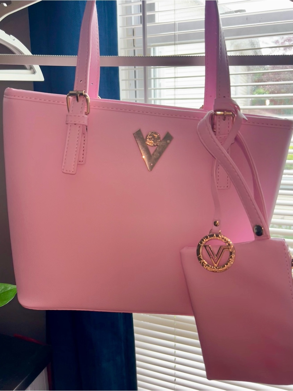Valentino Orlandi Pink Tote with Gold V-Emblem and Pouch